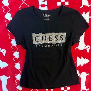 Guess Los Angeles Women Black Sequin Logo Graphic T-Shirt XL Short Sleeve Tee
